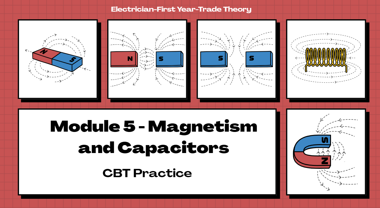 Diagram showing magnetic field lines and different types of capacitors used in ITI Electrician training