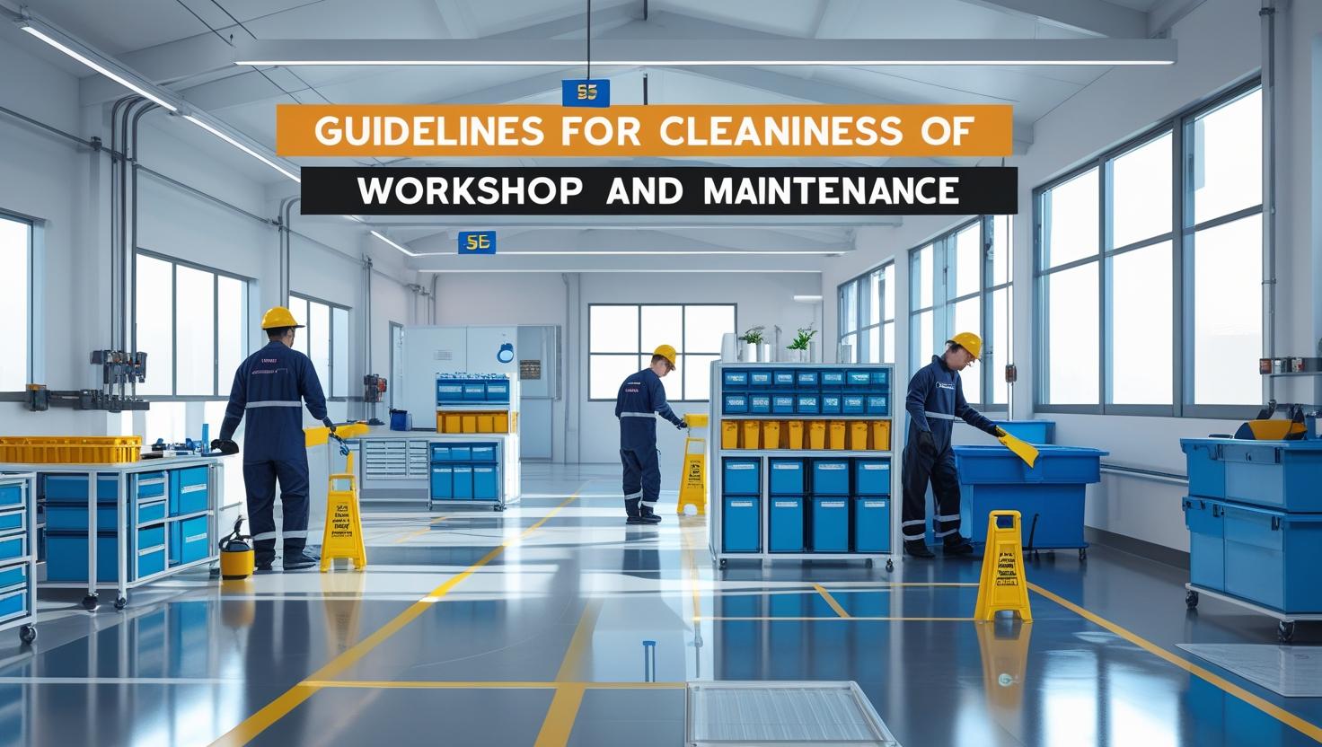 Clean and organized workshop showing 5S techniques and employees performing maintenance safely